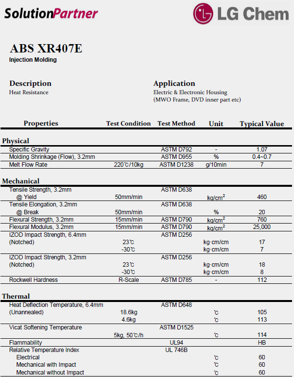 韓國LG ABS XR407E物性表(英文)